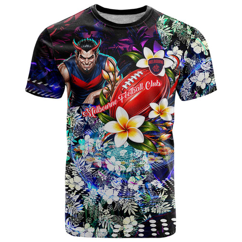 Personalized Melbourne Football Demons T Shirt Tropical Hibiscus Flowers - Pacific Fusion Style