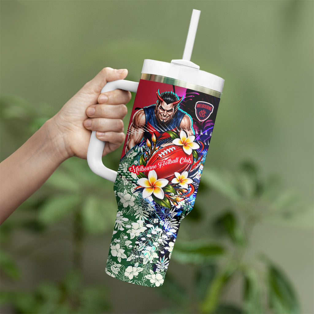 Personalized Melbourne Football Demons Tumbler With Handle Tropical Hibiscus Flowers - Pacific Fusion Style