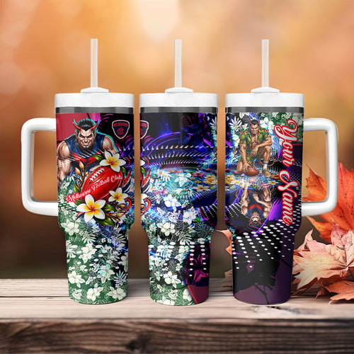 Personalized Melbourne Football Demons Tumbler With Handle Tropical Hibiscus Flowers - Pacific Fusion Style
