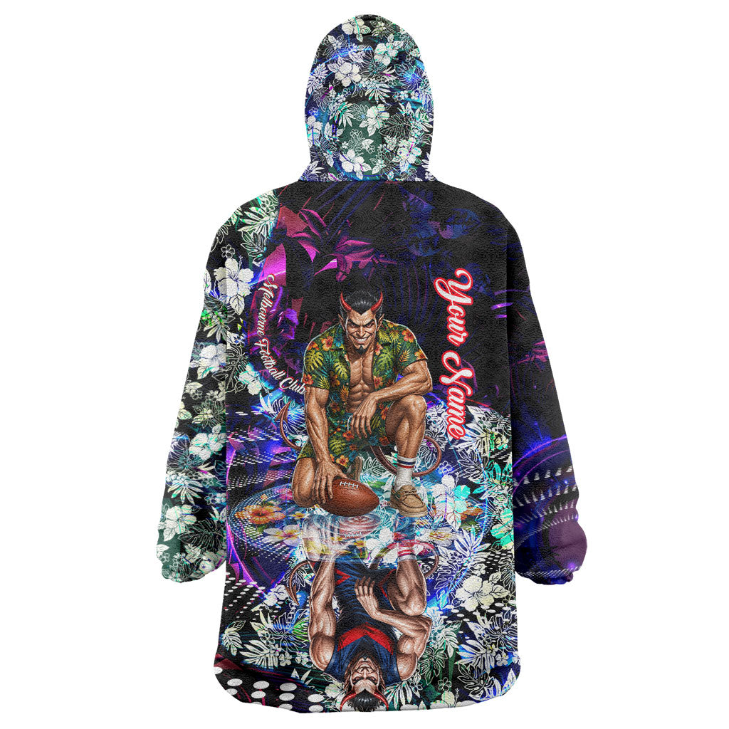 Personalized Melbourne Football Demons Wearable Blanket Hoodie Tropical Hibiscus Flowers - Pacific Fusion Style