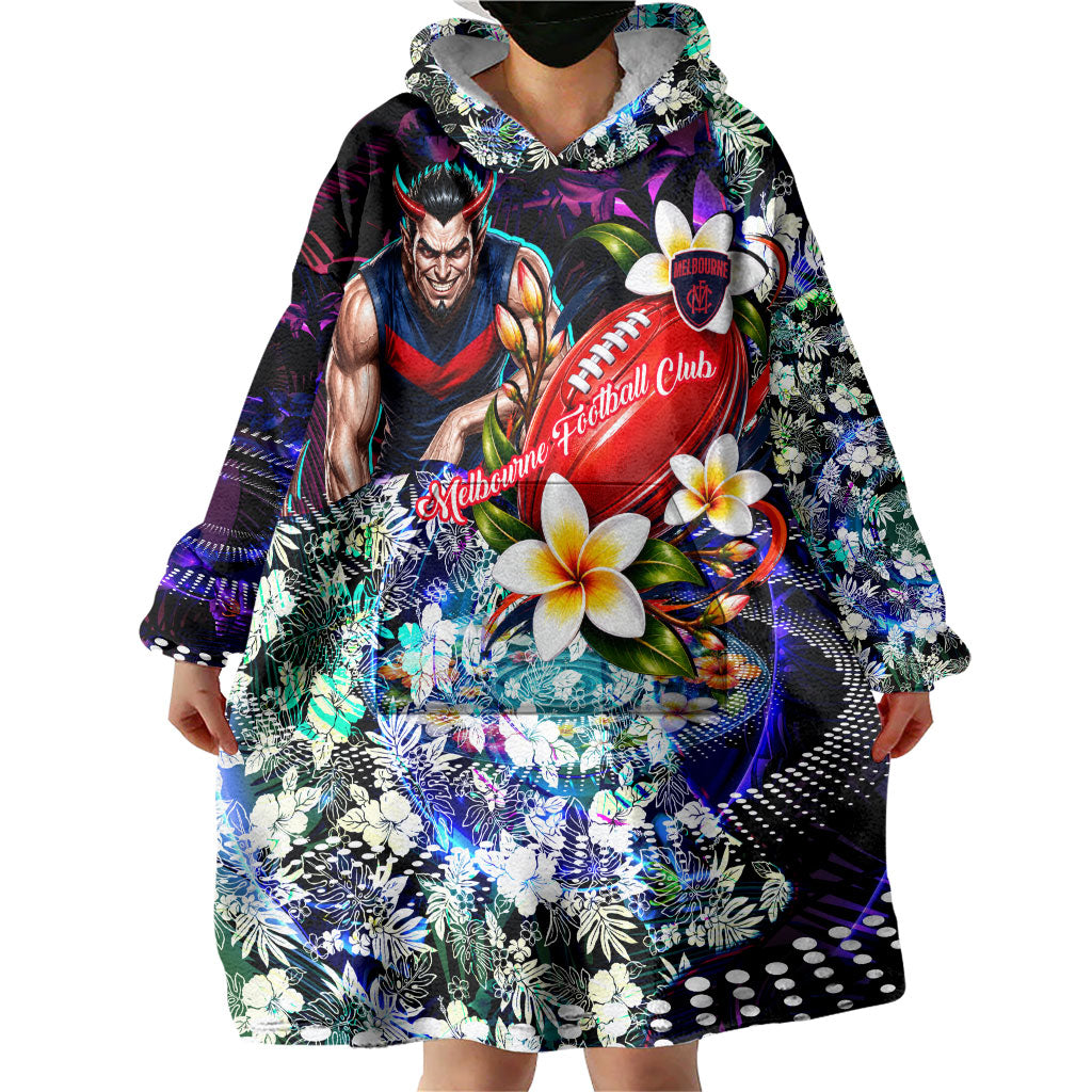 Personalized Melbourne Football Demons Wearable Blanket Hoodie Tropical Hibiscus Flowers - Pacific Fusion Style
