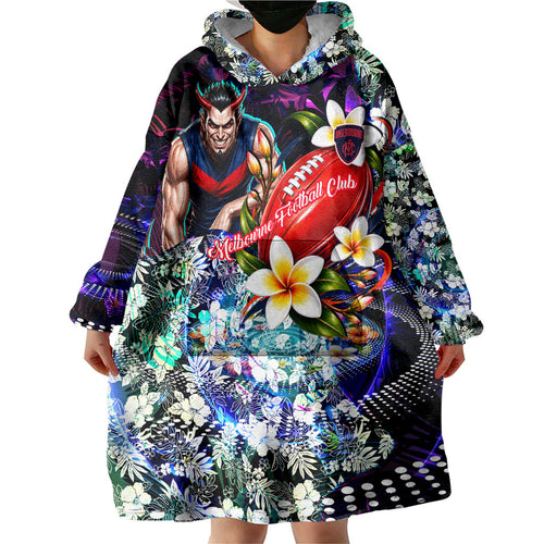 Personalized Melbourne Football Demons Wearable Blanket Hoodie Tropical Hibiscus Flowers - Pacific Fusion Style