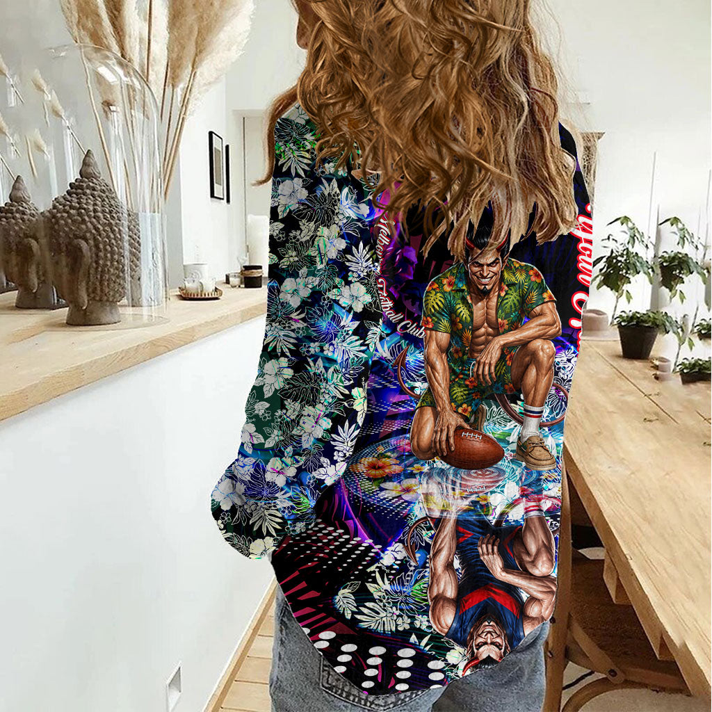 Personalized Melbourne Football Demons Women Casual Shirt Tropical Hibiscus Flowers - Pacific Fusion Style