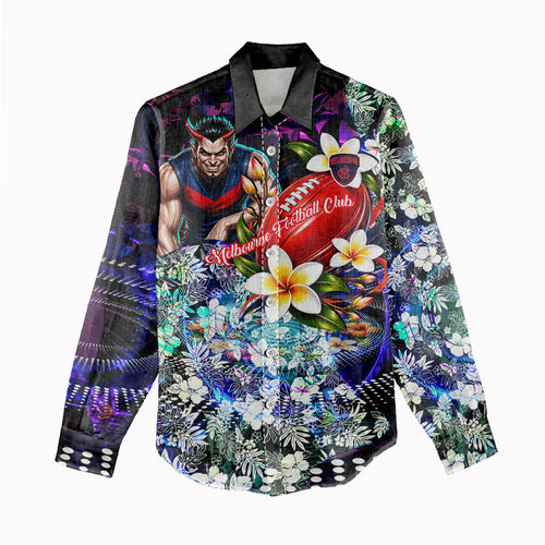 Personalized Melbourne Football Demons Women Casual Shirt Tropical Hibiscus Flowers - Pacific Fusion Style