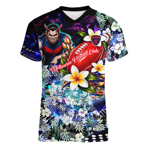 Personalized Melbourne Football Demons Women V-Neck T-Shirt Tropical Hibiscus Flowers - Pacific Fusion Style