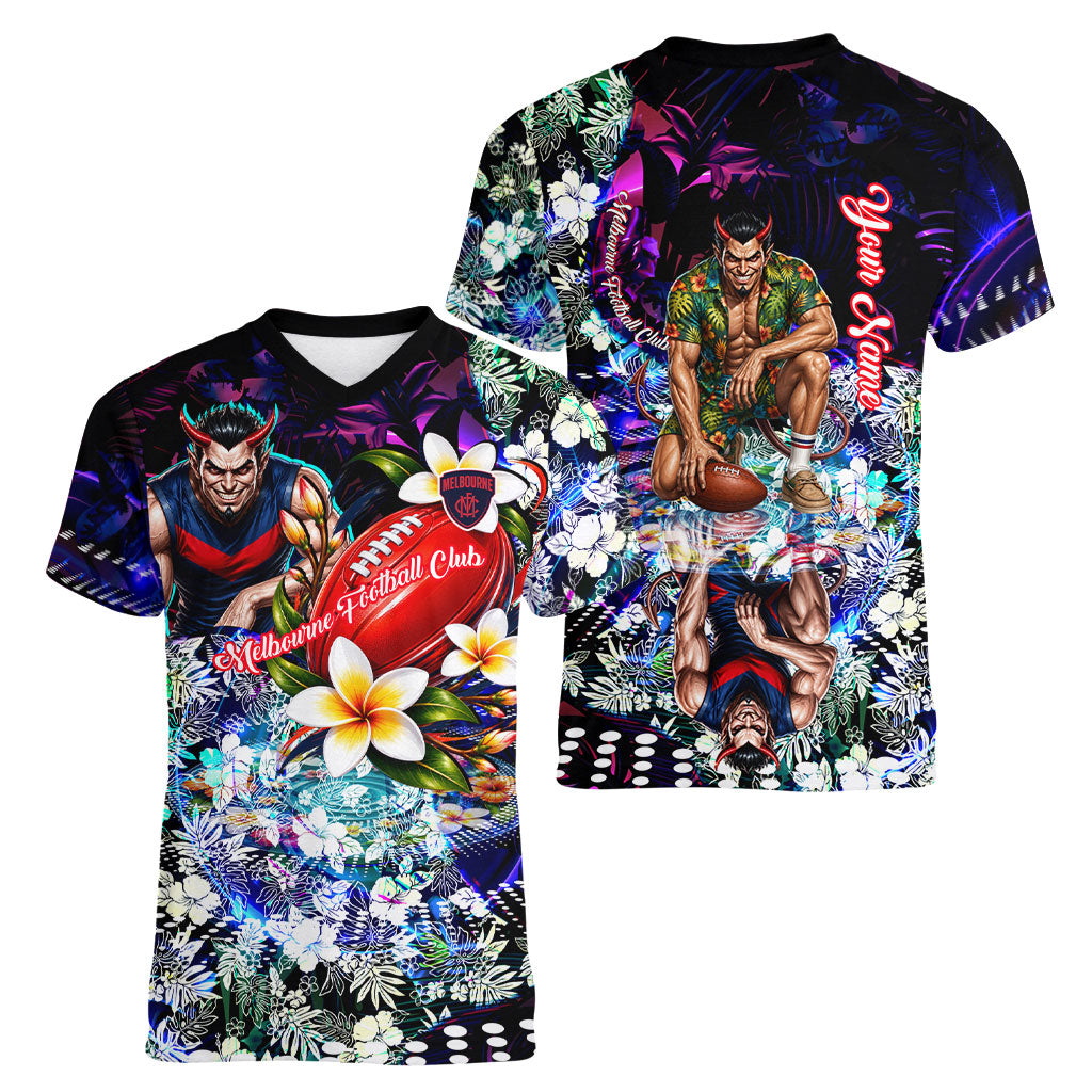 Personalized Melbourne Football Demons Women V-Neck T-Shirt Tropical Hibiscus Flowers - Pacific Fusion Style