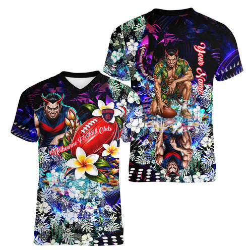 Personalized Melbourne Football Demons Women V-Neck T-Shirt Tropical Hibiscus Flowers - Pacific Fusion Style