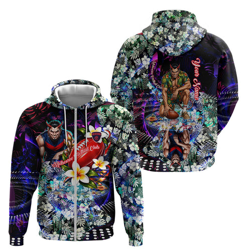 Personalized Melbourne Football Demons Zip Hoodie Tropical Hibiscus Flowers - Pacific Fusion Style