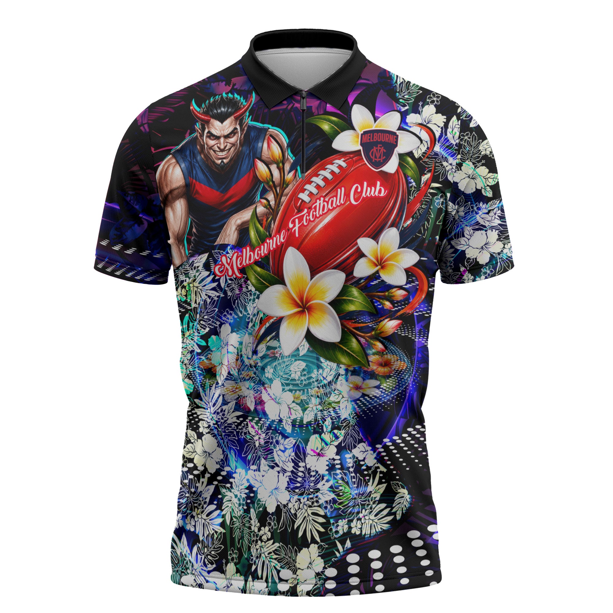 Personalized Melbourne Football Demons Zipper Polo Shirt Tropical Hibiscus Flowers - Pacific Fusion Style