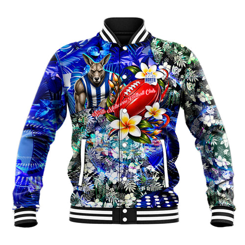 Personalized North Melbourne Football Kangaroos Baseball Jacket Tropical Hibiscus Flowers - Pacific Fusion Style