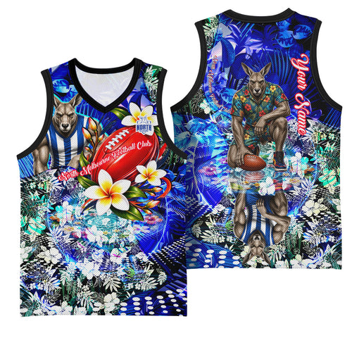Personalized North Melbourne Football Kangaroos Basketball Jersey Tropical Hibiscus Flowers - Pacific Fusion Style