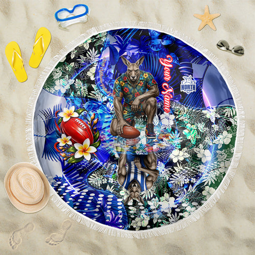 Personalized North Melbourne Football Kangaroos Beach Blanket Tropical Hibiscus Flowers - Pacific Fusion Style