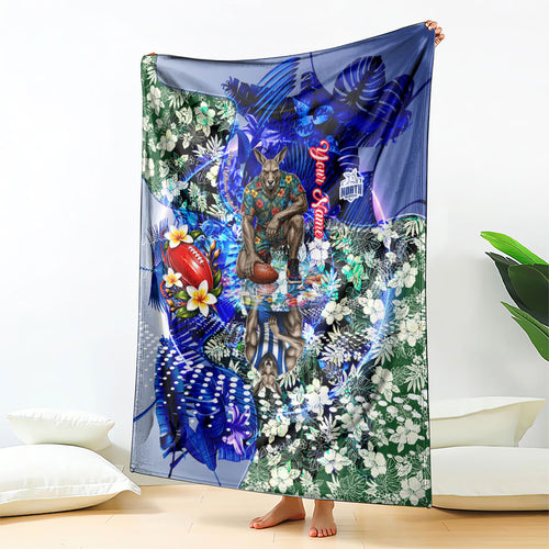 Personalized North Melbourne Football Kangaroos Blanket Tropical Hibiscus Flowers - Pacific Fusion Style