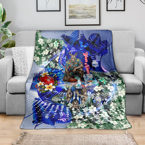 Personalized North Melbourne Football Kangaroos Blanket Tropical Hibiscus Flowers - Pacific Fusion Style