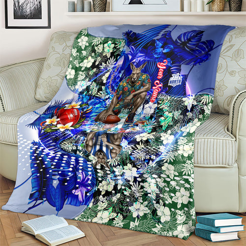 Personalized North Melbourne Football Kangaroos Blanket Tropical Hibiscus Flowers - Pacific Fusion Style