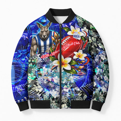 Personalized North Melbourne Football Kangaroos Bomber Puffer Jacket Tropical Hibiscus Flowers - Pacific Fusion Style