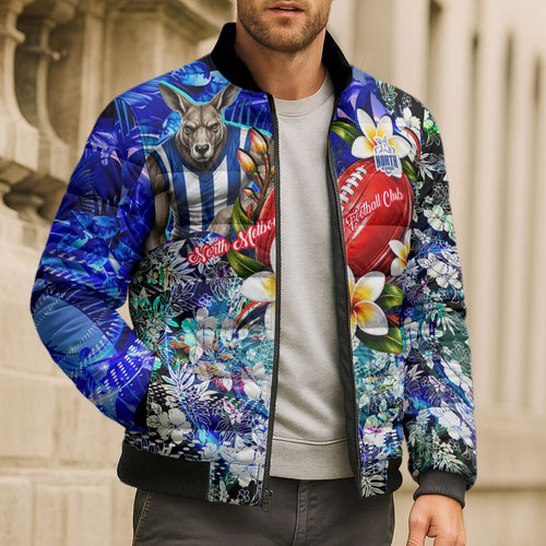Personalized North Melbourne Football Kangaroos Bomber Puffer Jacket Tropical Hibiscus Flowers - Pacific Fusion Style