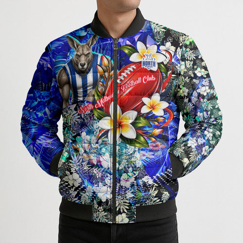 Personalized North Melbourne Football Kangaroos Bomber Puffer Jacket Tropical Hibiscus Flowers - Pacific Fusion Style