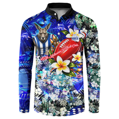 Personalized North Melbourne Football Kangaroos Button Sweatshirt Tropical Hibiscus Flowers - Pacific Fusion Style
