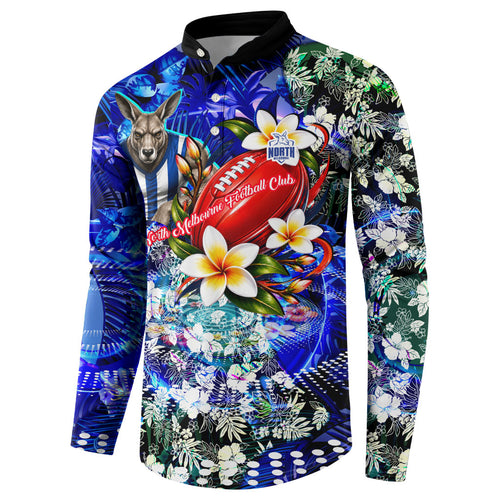 Personalized North Melbourne Football Kangaroos Button Sweatshirt Tropical Hibiscus Flowers - Pacific Fusion Style