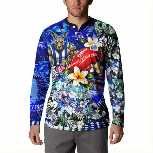 Personalized North Melbourne Football Kangaroos Button Sweatshirt Tropical Hibiscus Flowers - Pacific Fusion Style