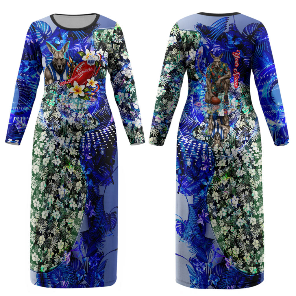 Personalized North Melbourne Football Kangaroos Couples Matching Long Sleeve Bodycon Dress and Hawaiian Shirt Tropical Hibiscus Flowers - Pacific Fusion Style