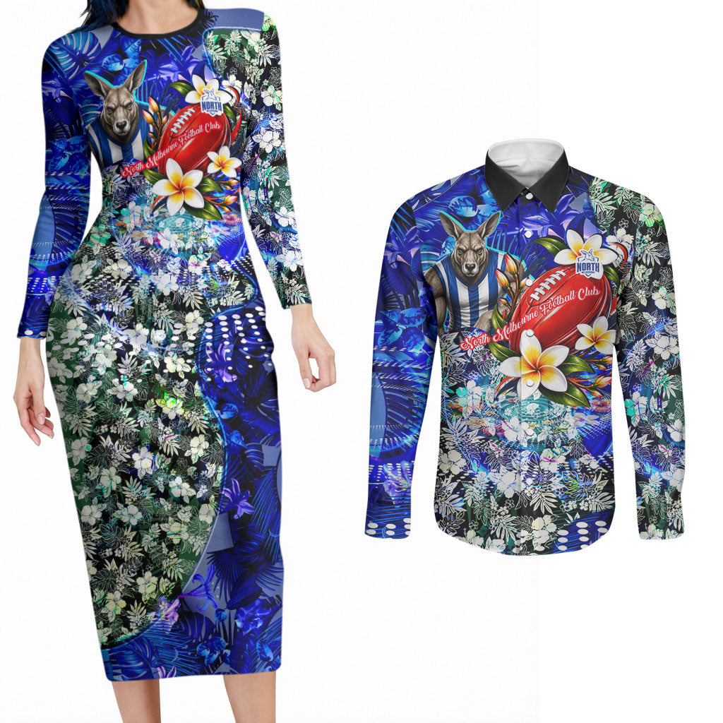 Personalized North Melbourne Football Kangaroos Couples Matching Long Sleeve Bodycon Dress and Long Sleeve Button Shirt Tropical Hibiscus Flowers - Pacific Fusion Style