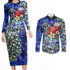 Personalized North Melbourne Football Kangaroos Couples Matching Long Sleeve Bodycon Dress and Long Sleeve Button Shirt Tropical Hibiscus Flowers - Pacific Fusion Style
