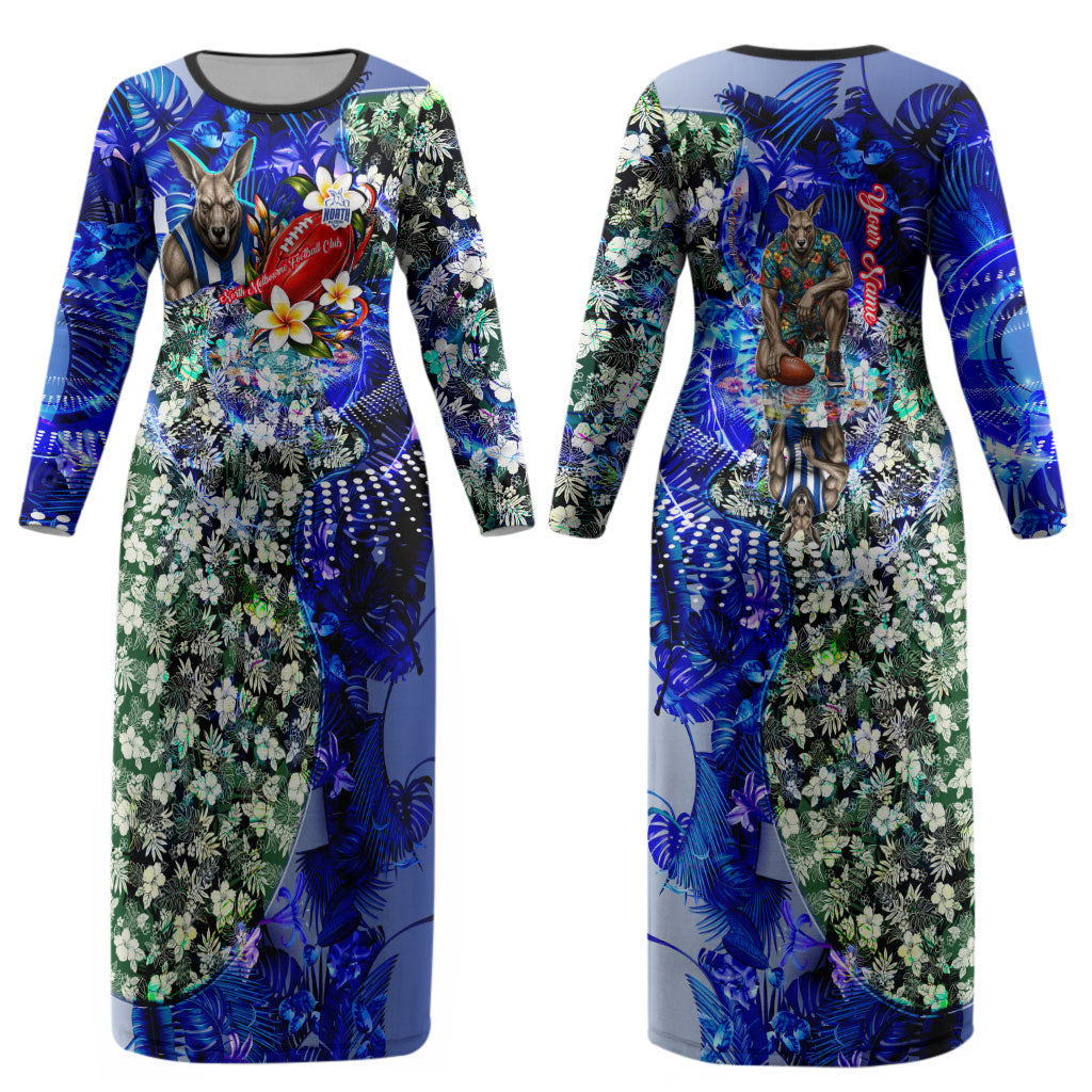 Personalized North Melbourne Football Kangaroos Couples Matching Long Sleeve Bodycon Dress and Long Sleeve Button Shirt Tropical Hibiscus Flowers - Pacific Fusion Style