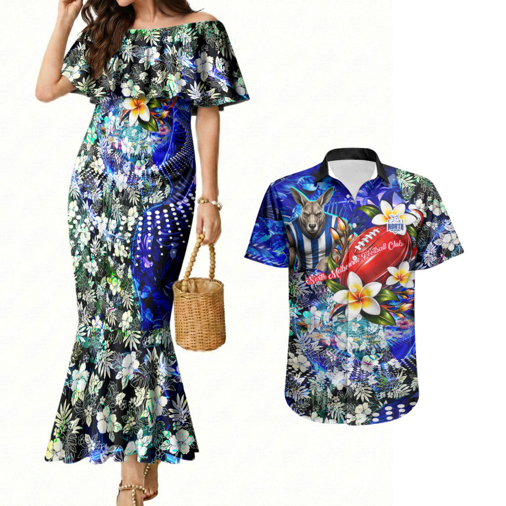 Personalized North Melbourne Football Kangaroos Couples Matching Mermaid Dress and Hawaiian Shirt Tropical Hibiscus Flowers - Pacific Fusion Style