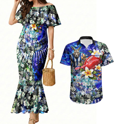 Personalized North Melbourne Football Kangaroos Couples Matching Mermaid Dress and Hawaiian Shirt Tropical Hibiscus Flowers - Pacific Fusion Style
