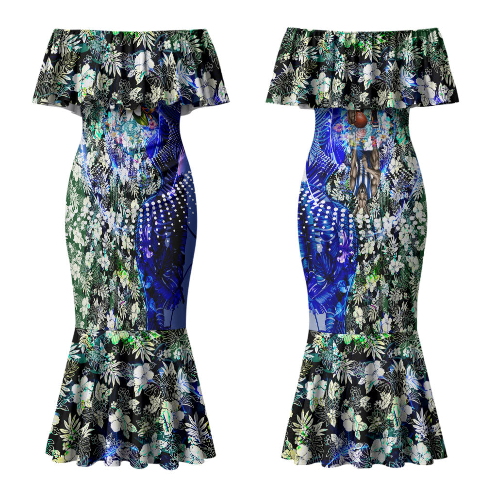 Personalized North Melbourne Football Kangaroos Couples Matching Mermaid Dress and Hawaiian Shirt Tropical Hibiscus Flowers - Pacific Fusion Style