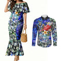 Personalized North Melbourne Football Kangaroos Couples Matching Mermaid Dress and Long Sleeve Button Shirt Tropical Hibiscus Flowers - Pacific Fusion Style