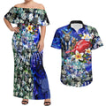 Personalized North Melbourne Football Kangaroos Couples Matching Off Shoulder Maxi Dress and Hawaiian Shirt Tropical Hibiscus Flowers - Pacific Fusion Style