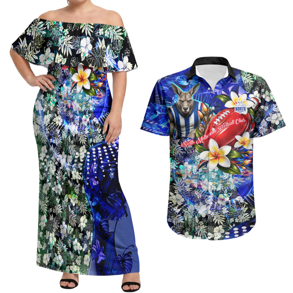 Personalized North Melbourne Football Kangaroos Couples Matching Off Shoulder Maxi Dress and Hawaiian Shirt Tropical Hibiscus Flowers - Pacific Fusion Style