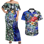 Personalized North Melbourne Football Kangaroos Couples Matching Off Shoulder Maxi Dress and Hawaiian Shirt Tropical Hibiscus Flowers - Pacific Fusion Style