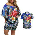 Personalized North Melbourne Football Kangaroos Couples Matching Off Shoulder Short Dress and Hawaiian Shirt Tropical Hibiscus Flowers - Pacific Fusion Style