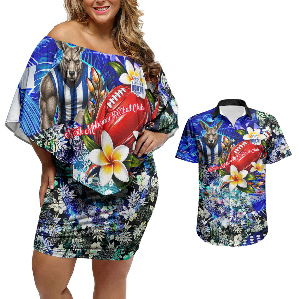Personalized North Melbourne Football Kangaroos Couples Matching Off Shoulder Short Dress and Hawaiian Shirt Tropical Hibiscus Flowers - Pacific Fusion Style