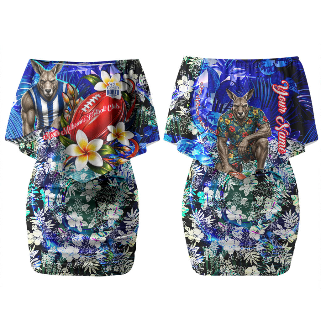 Personalized North Melbourne Football Kangaroos Couples Matching Off Shoulder Short Dress and Hawaiian Shirt Tropical Hibiscus Flowers - Pacific Fusion Style