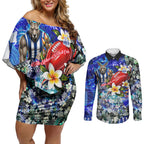 Personalized North Melbourne Football Kangaroos Couples Matching Off Shoulder Short Dress and Long Sleeve Button Shirt Tropical Hibiscus Flowers - Pacific Fusion Style