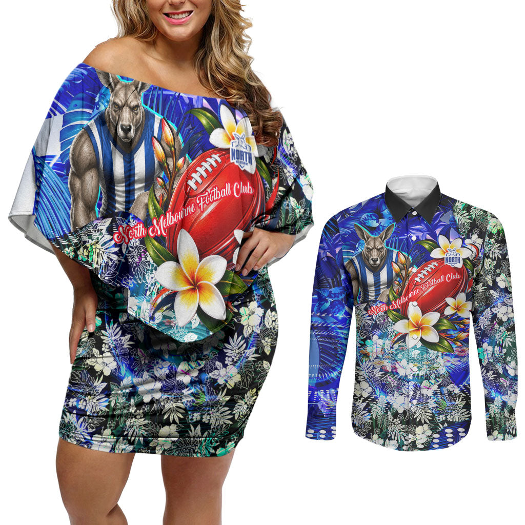 Personalized North Melbourne Football Kangaroos Couples Matching Off Shoulder Short Dress and Long Sleeve Button Shirt Tropical Hibiscus Flowers - Pacific Fusion Style