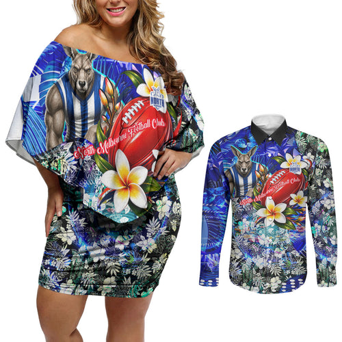 Personalized North Melbourne Football Kangaroos Couples Matching Off Shoulder Short Dress and Long Sleeve Button Shirt Tropical Hibiscus Flowers - Pacific Fusion Style