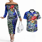 Personalized North Melbourne Football Kangaroos Couples Matching Off The Shoulder Long Sleeve Dress and Hawaiian Shirt Tropical Hibiscus Flowers - Pacific Fusion Style