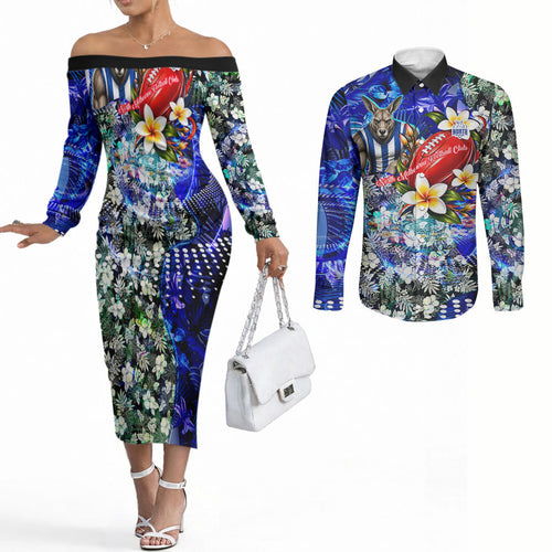 Personalized North Melbourne Football Kangaroos Couples Matching Off The Shoulder Long Sleeve Dress and Long Sleeve Button Shirt Tropical Hibiscus Flowers - Pacific Fusion Style