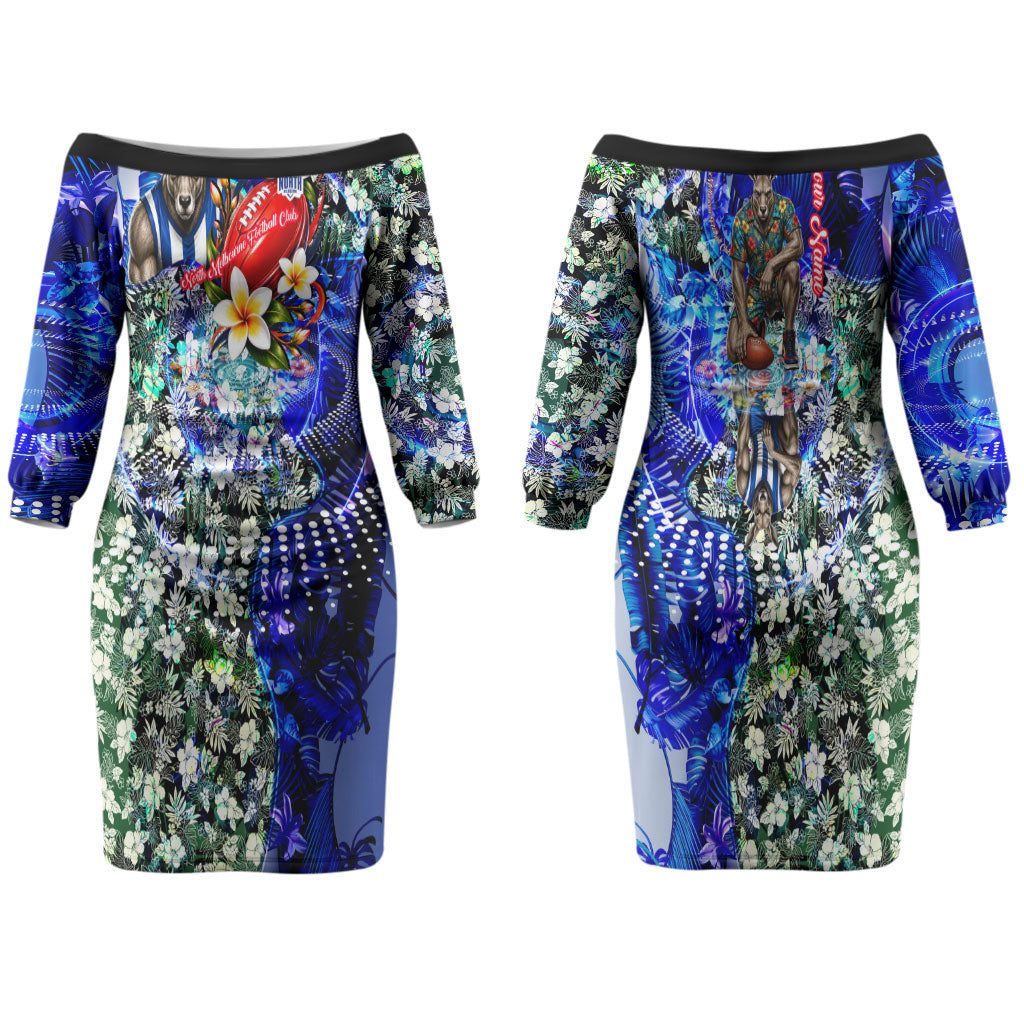Personalized North Melbourne Football Kangaroos Couples Matching Off The Shoulder Long Sleeve Dress and Long Sleeve Button Shirt Tropical Hibiscus Flowers - Pacific Fusion Style