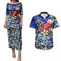 Personalized North Melbourne Football Kangaroos Couples Matching Puletasi and Hawaiian Shirt Tropical Hibiscus Flowers - Pacific Fusion Style