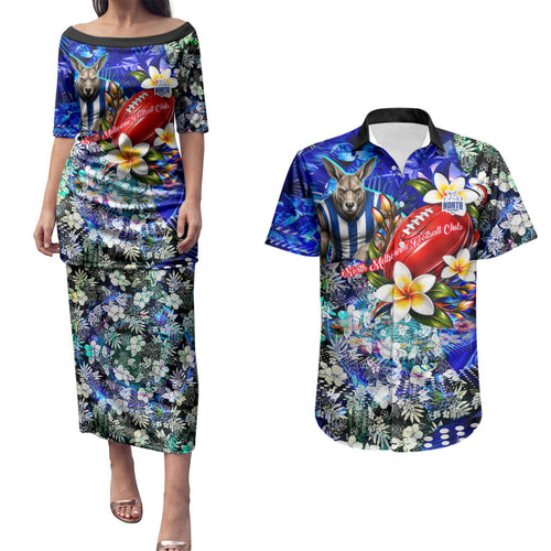 Personalized North Melbourne Football Kangaroos Couples Matching Puletasi and Hawaiian Shirt Tropical Hibiscus Flowers - Pacific Fusion Style