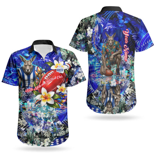 Personalized North Melbourne Football Kangaroos Couples Matching Puletasi and Hawaiian Shirt Tropical Hibiscus Flowers - Pacific Fusion Style