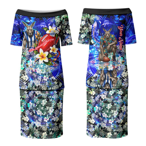 Personalized North Melbourne Football Kangaroos Couples Matching Puletasi and Hawaiian Shirt Tropical Hibiscus Flowers - Pacific Fusion Style
