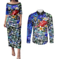 Personalized North Melbourne Football Kangaroos Couples Matching Puletasi and Long Sleeve Button Shirt Tropical Hibiscus Flowers - Pacific Fusion Style